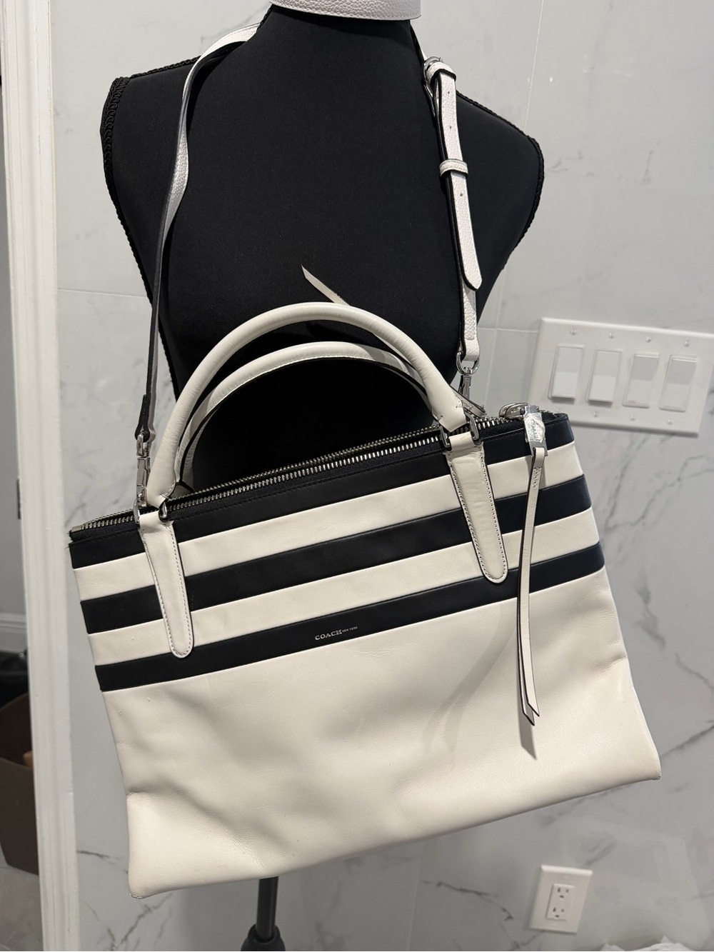 Coach limited edition borough two way satchel tote nautical black and white NEW